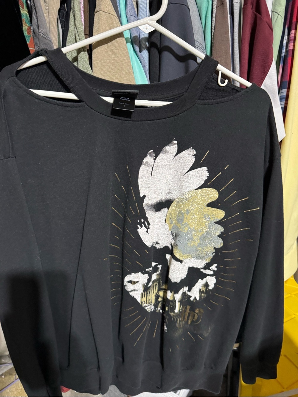Black Graphic Sweatshirt with Metallic Image of Hedwig Harry Potter